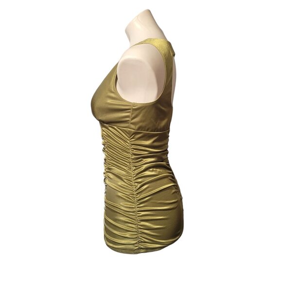 Studio Y Ruched Top Green Satin Shiny Size Medium Going Out Office Back Keyhole - Picture 7 of 9